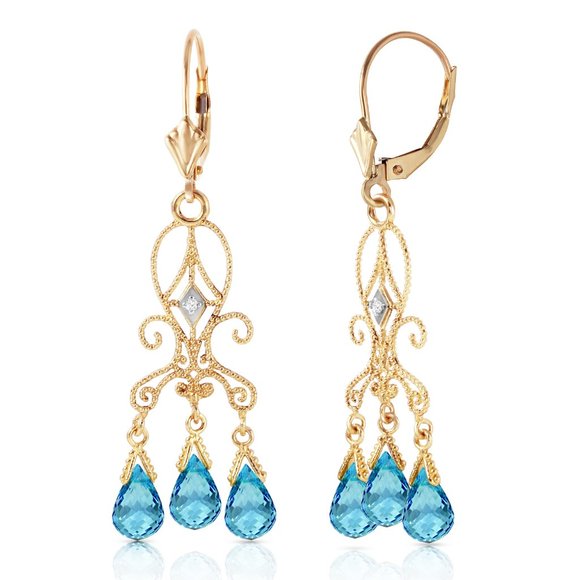 14K. GOLD CHANDELIER DIAMONDS EARRING W BLUE TOPAZ - Picture 3 of 5